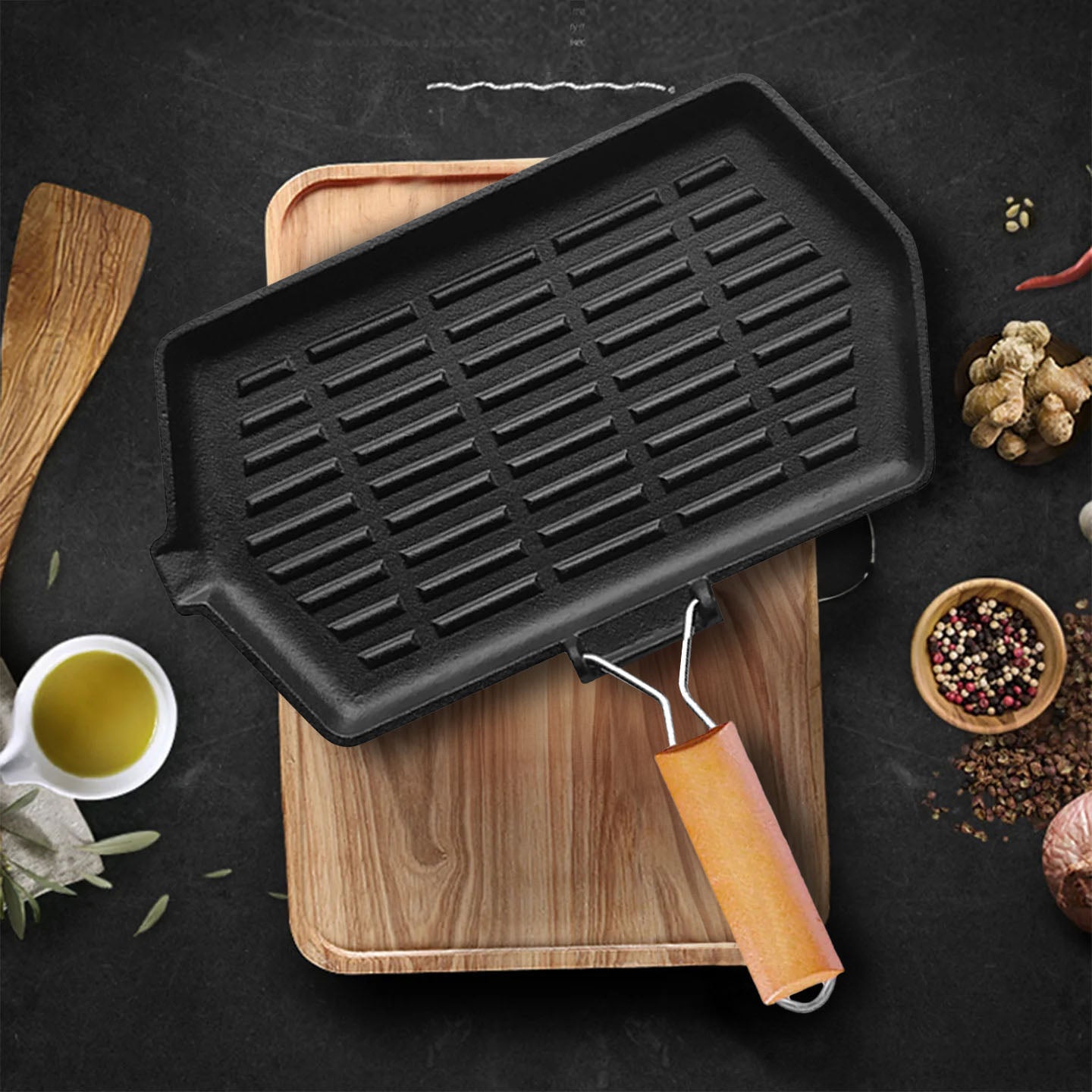 SOGA Rectangular Cast Iron Griddle Grill Frying Pan with Folding Wooden Handle - Hospitality Connect