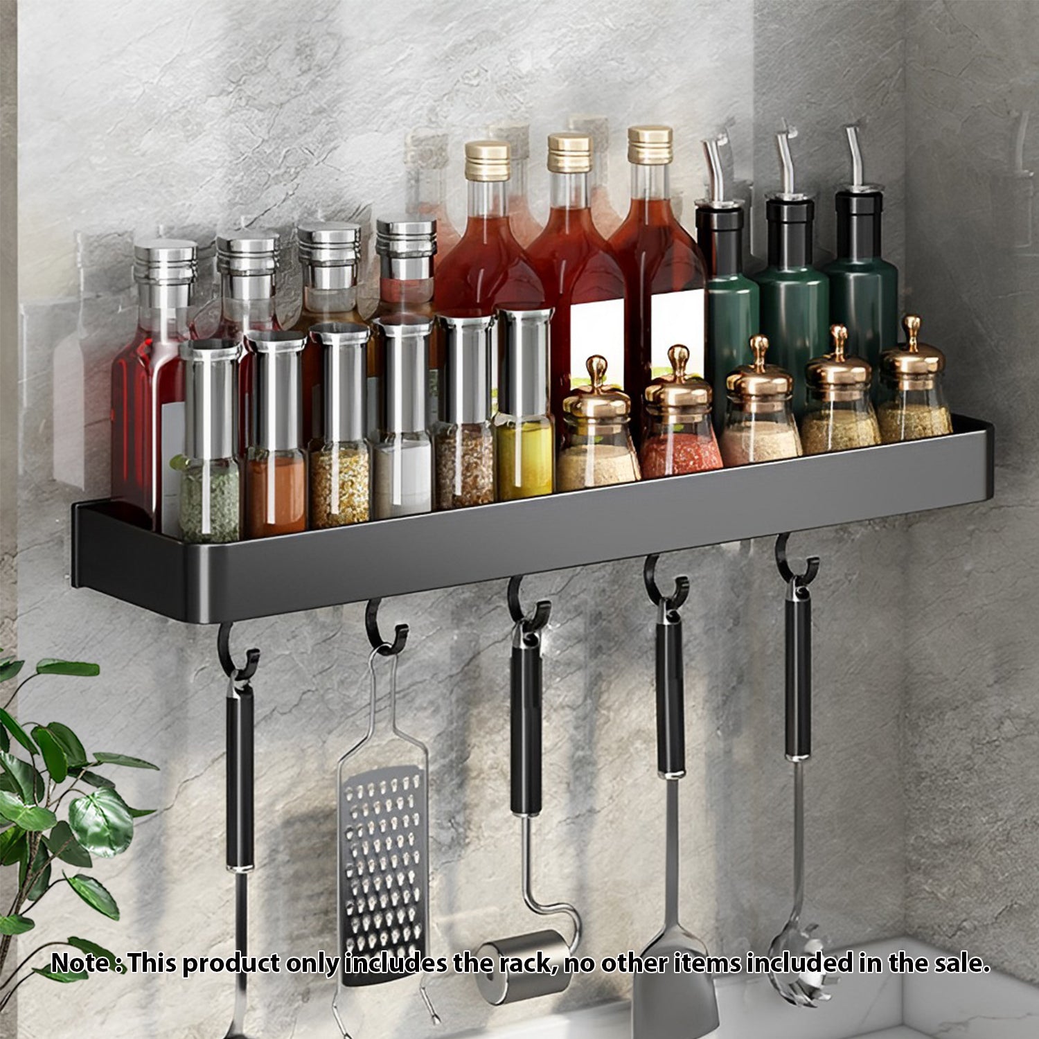 SOGA 32cm Black Wall-Mounted Rectangular Kitchen Spice Storage Organiser Space Saving Condiments Shelf Rack with Hooks - Hospitality Connect