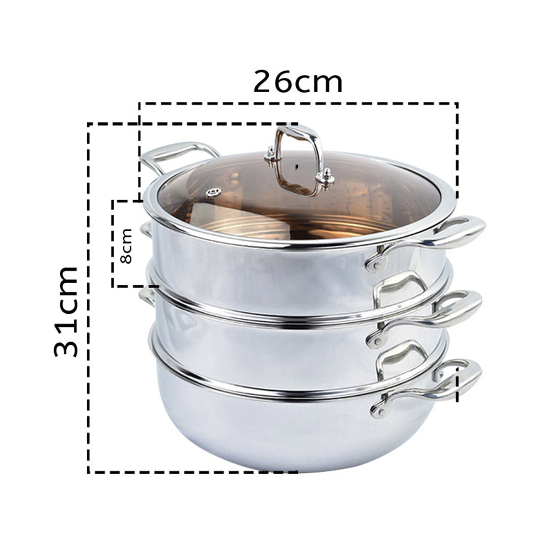 SOGA 2X 3 Tier 26cm Heavy Duty Stainless Steel Food Steamer Vegetable Pot Stackable Pan Insert with Glass Lid - Hospitality Connect