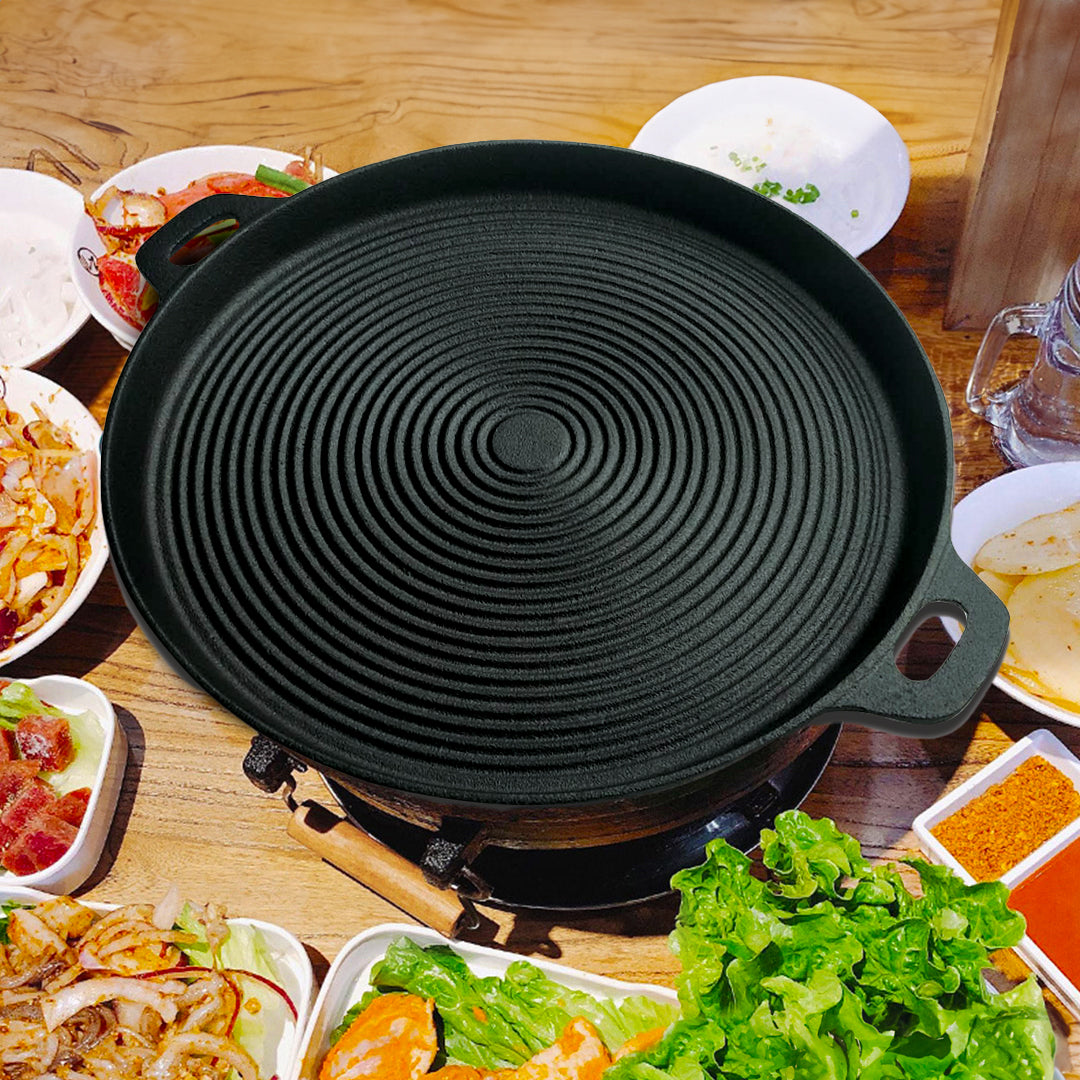 SOGA 35cm Round Ribbed Cast Iron Frying Pan Skillet Steak Sizzle Platter with Handle - Hospitality Connect