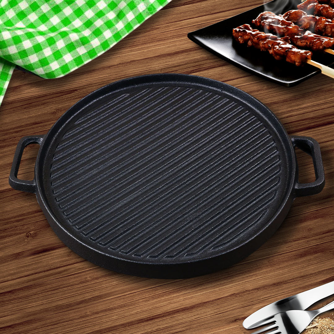 SOGA 30cm Round Cast Iron Ribbed BBQ Pan Skillet Steak Sizzle Platter with Handle - Hospitality Connect