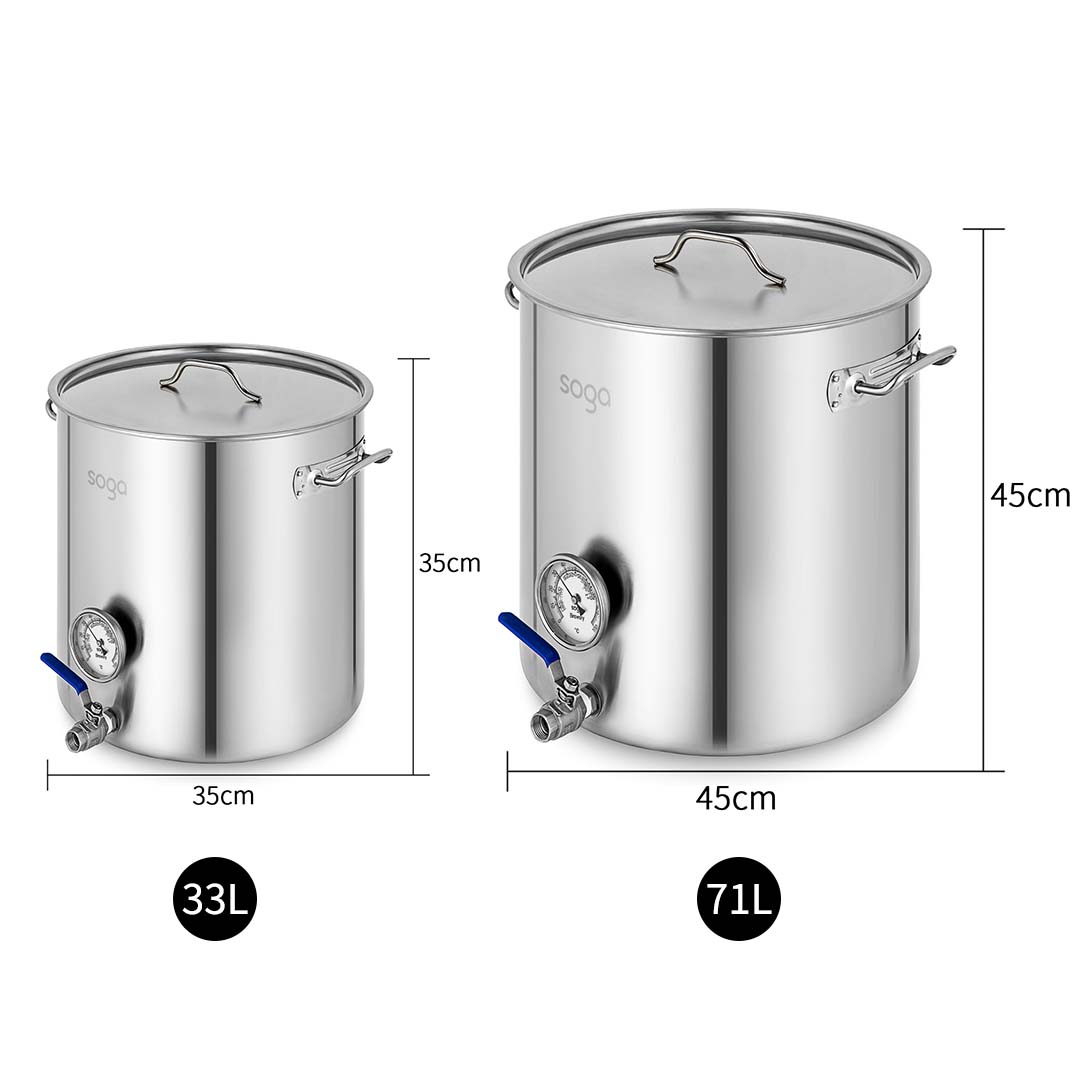 SOGA Stainless Steel Brewery Pot 33L 71L With Beer Valve 35CM 45CM - Hospitality Connect
