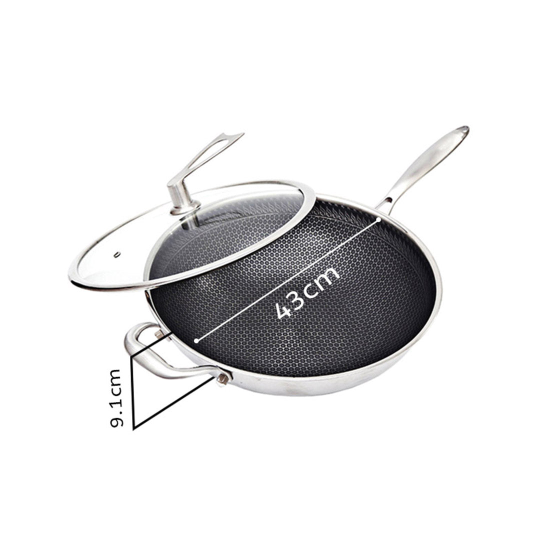 SOGA 34cm Stainless Steel Tri-Ply Frying Cooking Fry Pan Textured Non Stick Skillet with Glass Lid and Helper Handle - Hospitality Connect