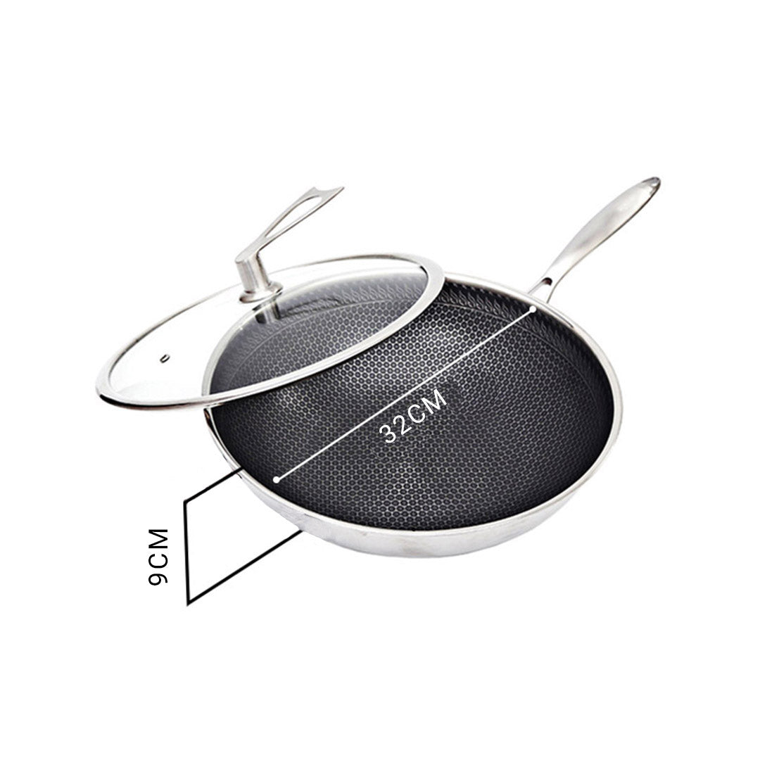 SOGA 32cm Stainless Steel Tri-Ply Frying Cooking Fry Pan Textured Non Stick Interior Skillet with Glass Lid - Hospitality Connect
