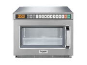 Panasonic heavy duty microwave NE-1853 with stainless steel exterior and digital control panel on a kitchen countertop.