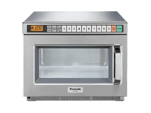 Panasonic heavy duty microwave NE-1853 with stainless steel exterior and digital control panel on a kitchen countertop.