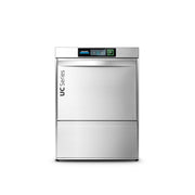 Winterhalter UC-S undercounter dishwasher with stainless steel exterior and control panel, designed for efficient commercial dishwashing.