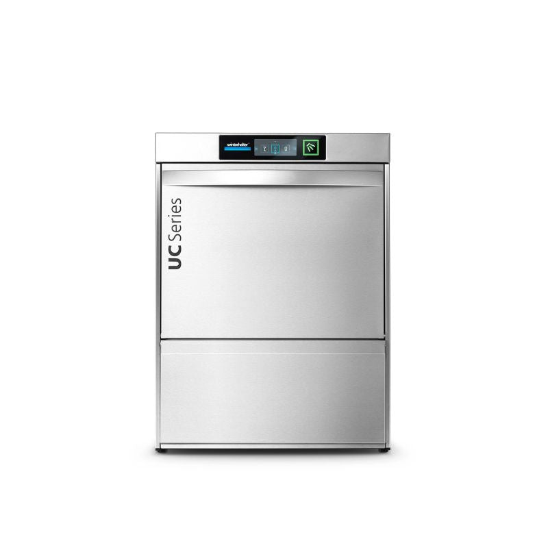 Winterhalter UC-S undercounter dishwasher with stainless steel exterior and control panel, designed for efficient commercial dishwashing.