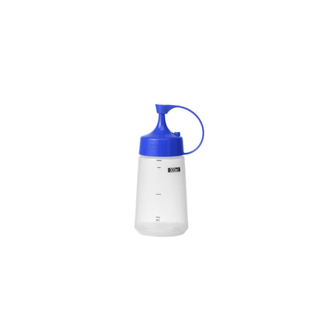 Chef Inox soft squeeze bottle with blue cap, 300ml, used for sauces or dressings in kitchen and food service settings.