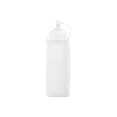 Chef Inox 1L clear plastic square squeeze bottle for liquids, with a wide mouth and durable design.