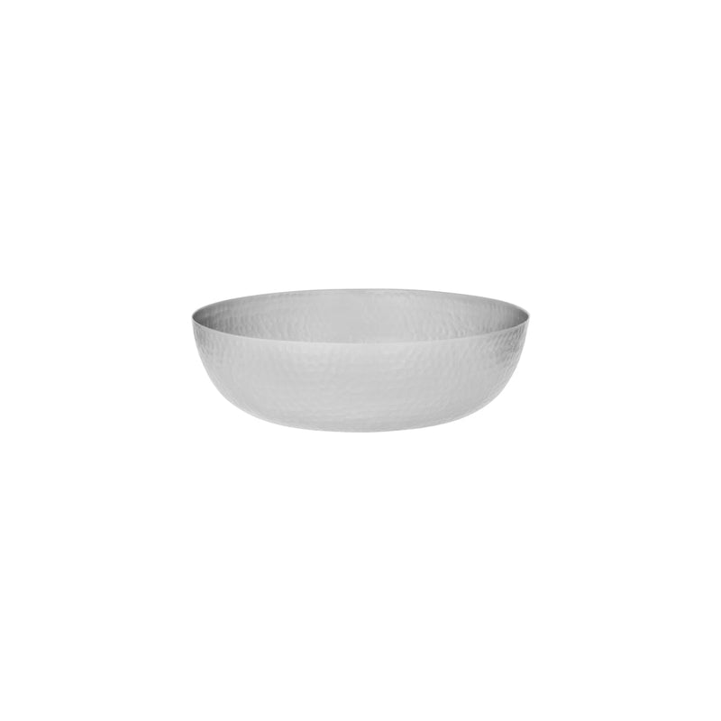 Chef Inox hammered stainless steel round seafood bowl, 250mm satin finish, ideal for serving seafood or salads.