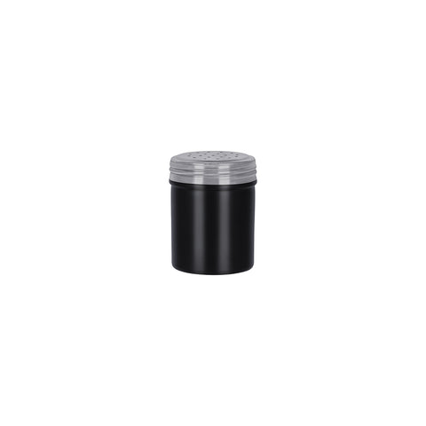 Chef Inox salt dredge in black stainless steel, 70x90mm, 285ml capacity, featuring a sleek dispenser design.
