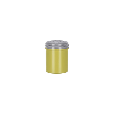 Chef Inox stainless steel salt dredge with yellow lid, 70x90mm size, 285ml capacity, for dispensing salt in kitchen.