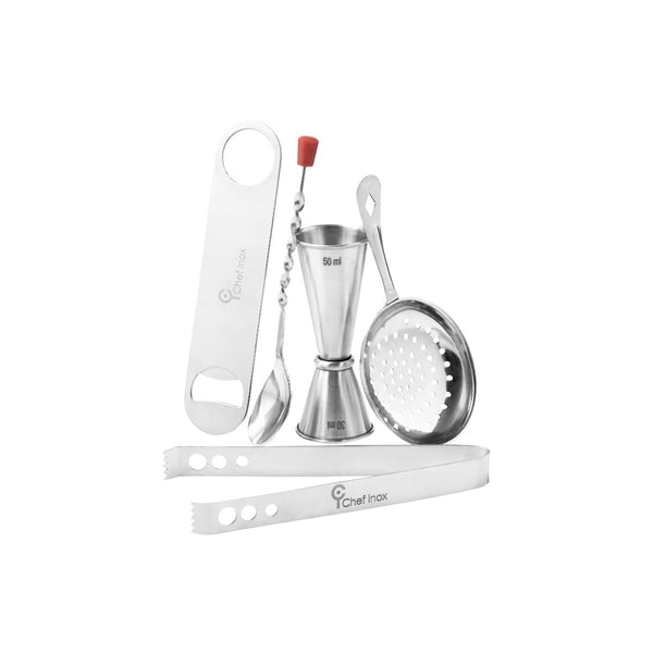CHEF INOX BAR SET 5pc TONG,JIGGER,STRAINER,OPENER,SPOON S/S - Hospitality Connect