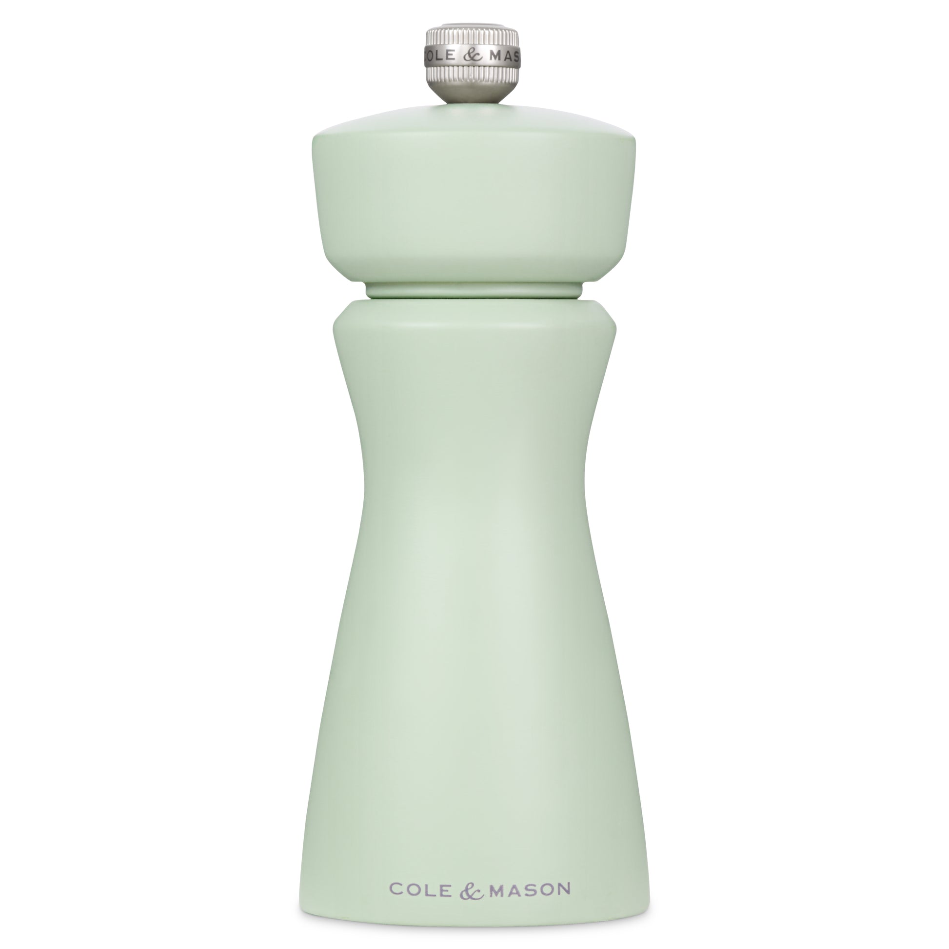 Cole & Mason Kenton 150mm sage salt and pepper shakers with adjustable grind, classic design and ceramic mechanisms.