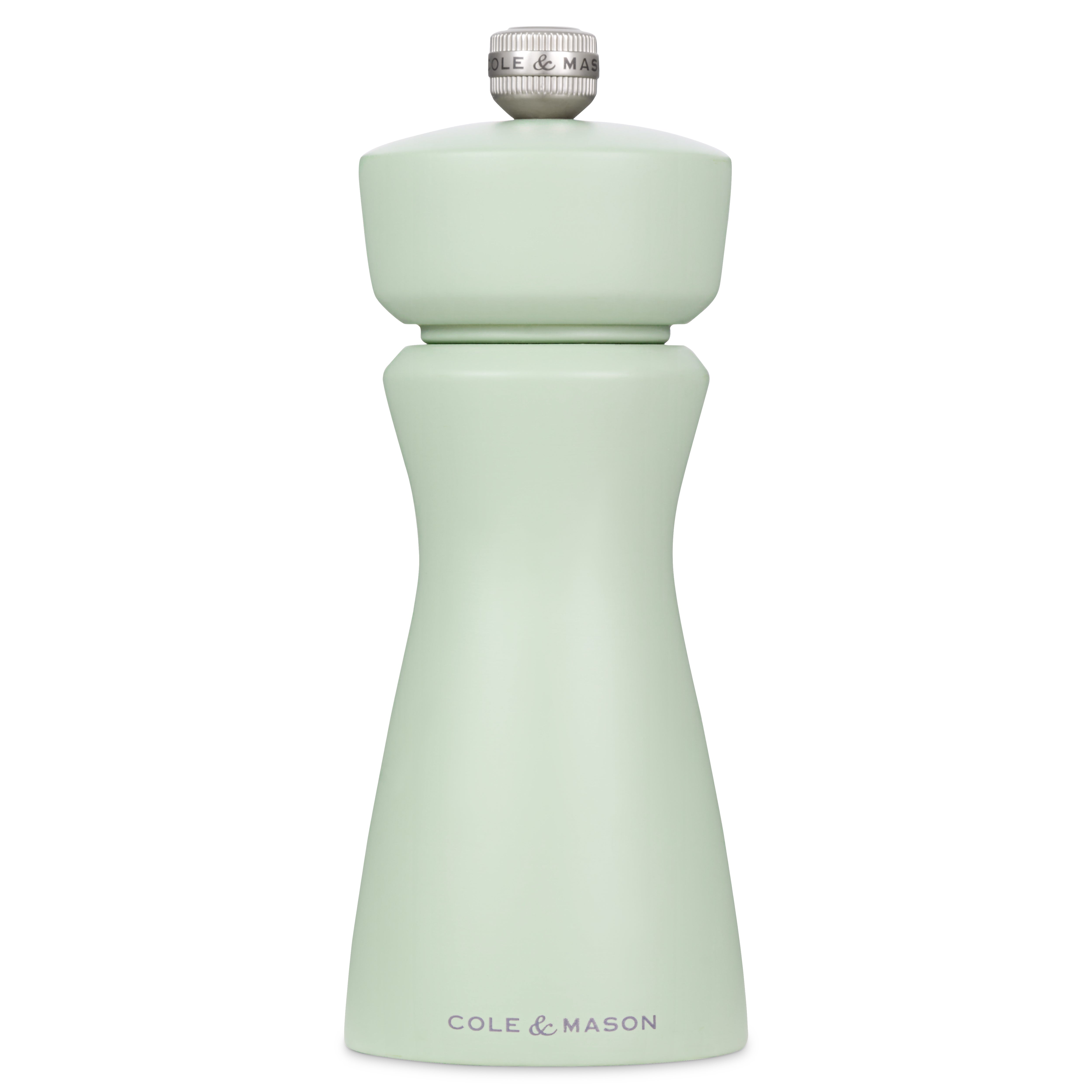 Cole & Mason Kenton 150mm sage salt and pepper shakers with adjustable grind, classic design and ceramic mechanisms.