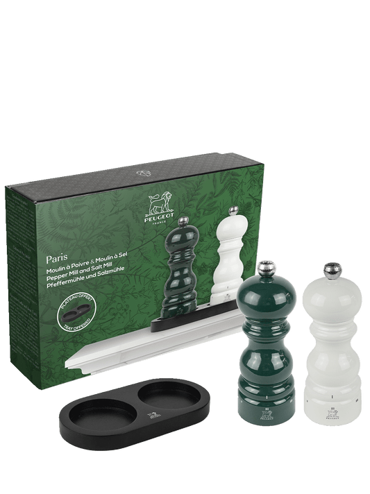 PEUGEOT Forrest Green Pepper Mill + Ivory Salt Mill On Bamboo Tray  Forrest Green & Ivory Beechwood - 15cm - Hospitality Connect