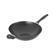 Scanpan Sava 32cm non-PFAS fry pan with black non-stick coating and stainless steel handle, viewed from top angle.