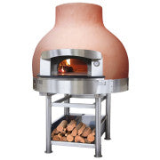 Morello Forni L110 traditional wood oven with brick exterior and large opening for baking pizzas and bread.