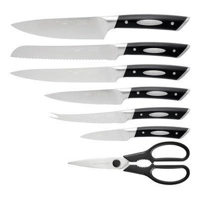 SCANPAN Knife Block Set - 8 Piece  Paring 9cm, Tomato/cheese 14cm, Utility 15cm, Carving 20cm, Bread 20cm, Chef 20cm, Multi Purpose Kitchen Shears, Beechwood Block - Hospitality Connect
