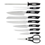 SCANPAN Knife Block Set - 10 Piece Vegetable 11cm, Tomato/Cheese 14cm, Utility 15cm, Bread 20cm, Chef's 20cm, Carving 20cm, Carving Fork, Multi Purpose Kitchen Shears, Sharpening Steel, Beechwood Block - Hospitality Connect