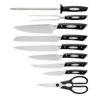 SCANPAN Knife Block Set - 10 Piece Vegetable 11cm, Tomato/Cheese 14cm, Utility 15cm, Bread 20cm, Chef's 20cm, Carving 20cm, Carving Fork, Multi Purpose Kitchen Shears, Sharpening Steel, Beechwood Block - Hospitality Connect