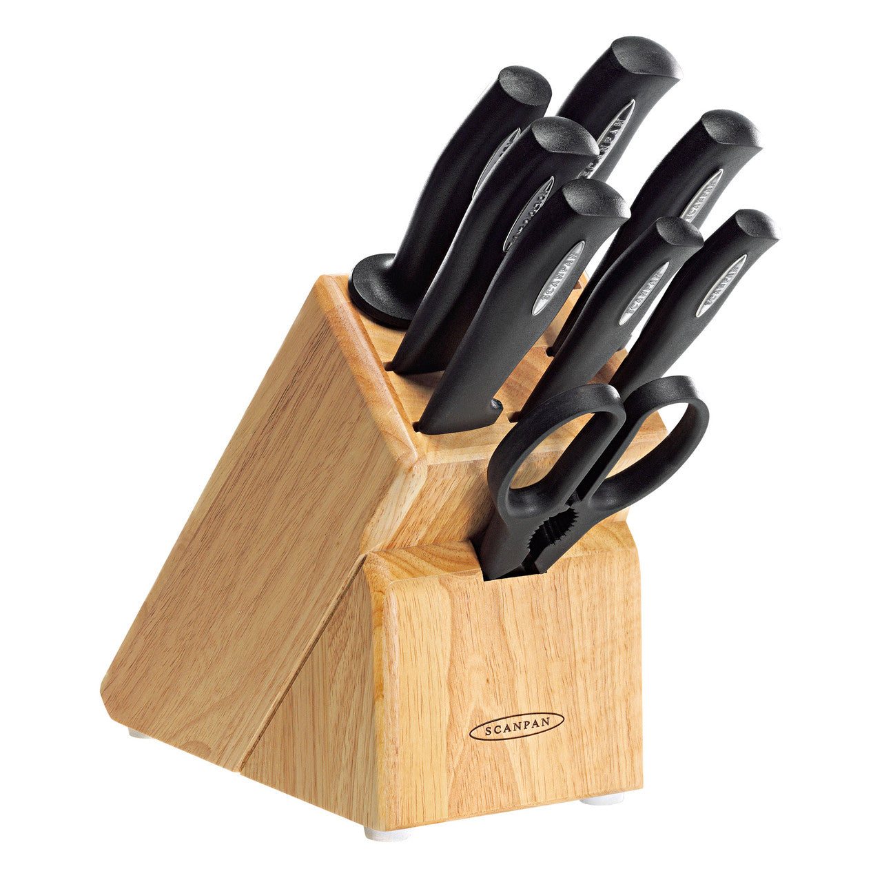 SCANPAN Knife Block Set - 9 Piece Paring 8cm, Serrated Utility 11cm, Utility 15cm, Bread 20cm, Cook's 20cm, Carving  20cm, Sharpening Steel 23cm, Multi-Purpose Kitchen Shear, Timber Block - Hospitality Connect