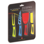 Scanpan Spectrum 4-piece cheese knife set with colorful handles, ideal for slicing and serving various cheeses.