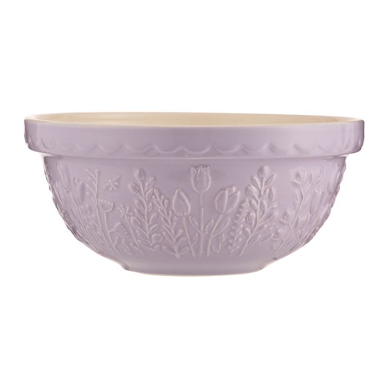 MASON CASH In The Meadow Lilac Tulip 24cm earthenware mixing bowl with purple tulip design, 2-liter capacity.