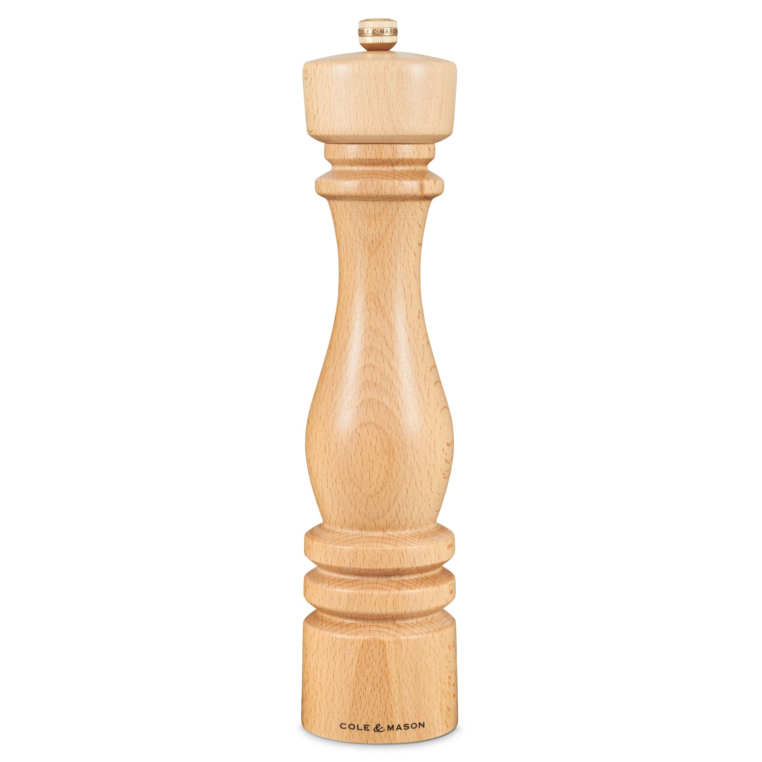 Cole & Mason London Natural Beech Pepper Mill, 30cm, with adjustable grinding mechanism and stylish wooden finish.