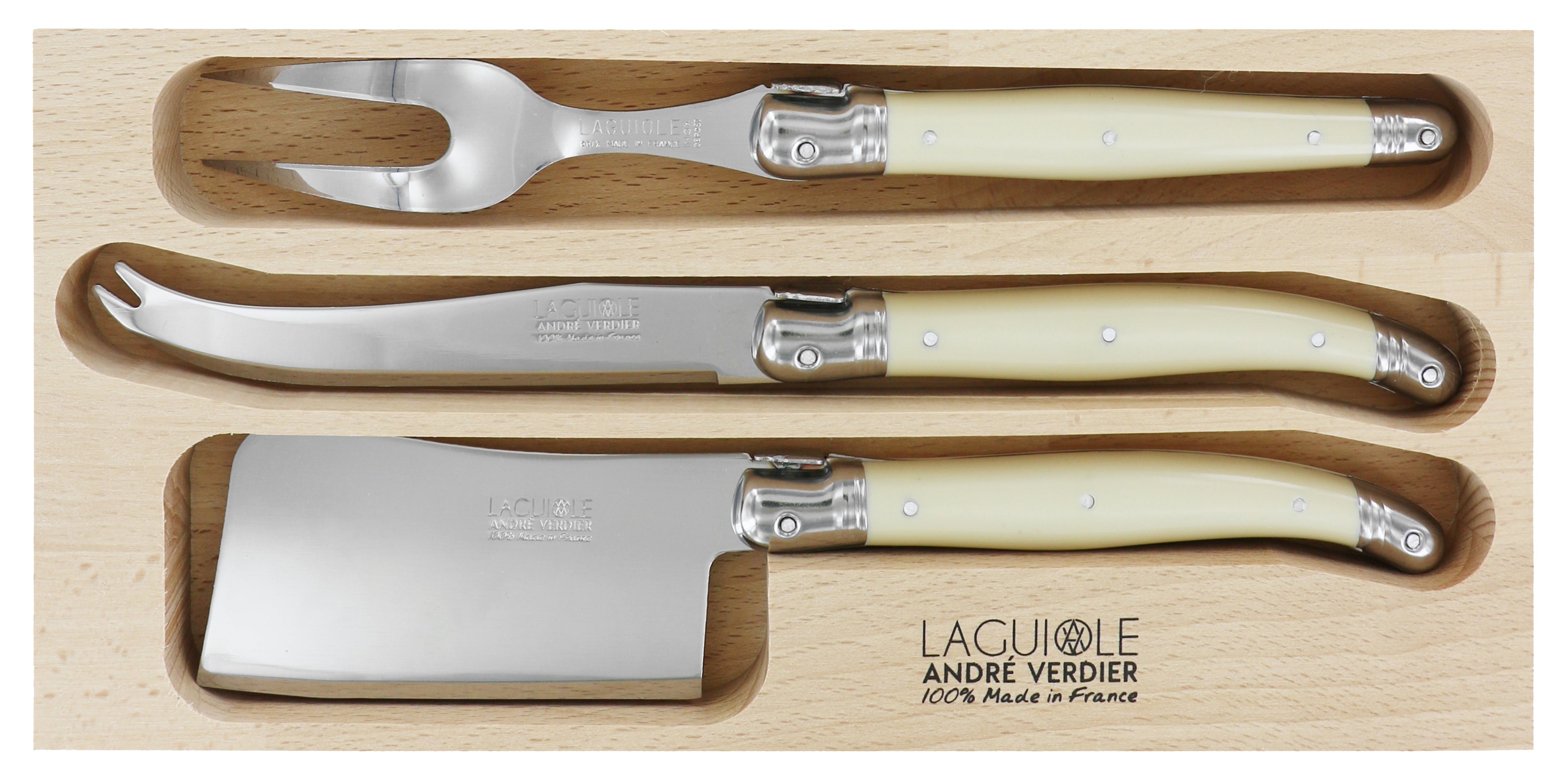 Andre Verdier Laguiole DEBUTANT OMNICOLOUR  Ivory Cheese Knife Set 3 Piece 23536