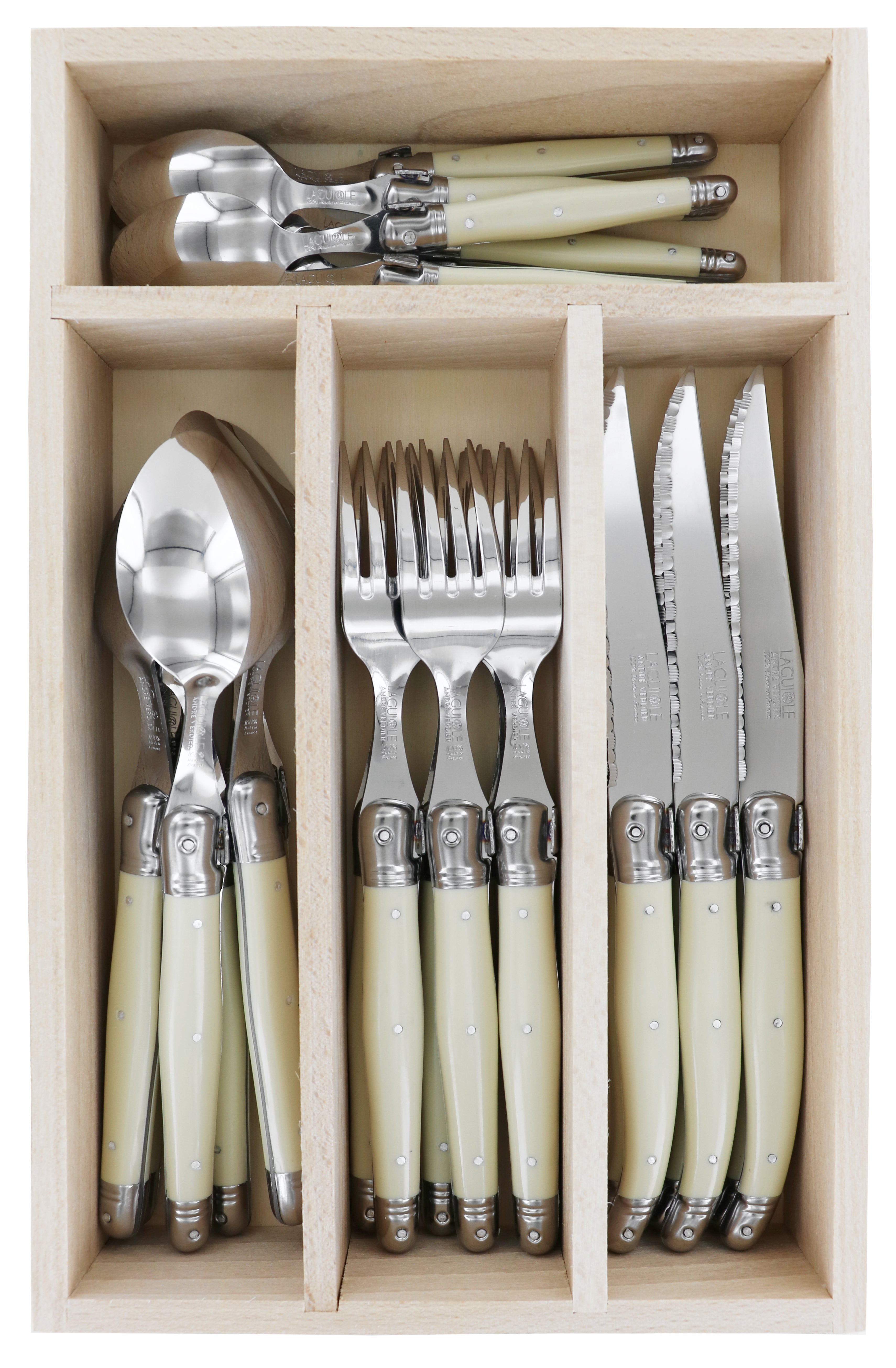 Andre Verdier  Laguiole DEBUTANT OMNICOLOUR  Ivory Cutlery Set 24 Piece in Tray 23547