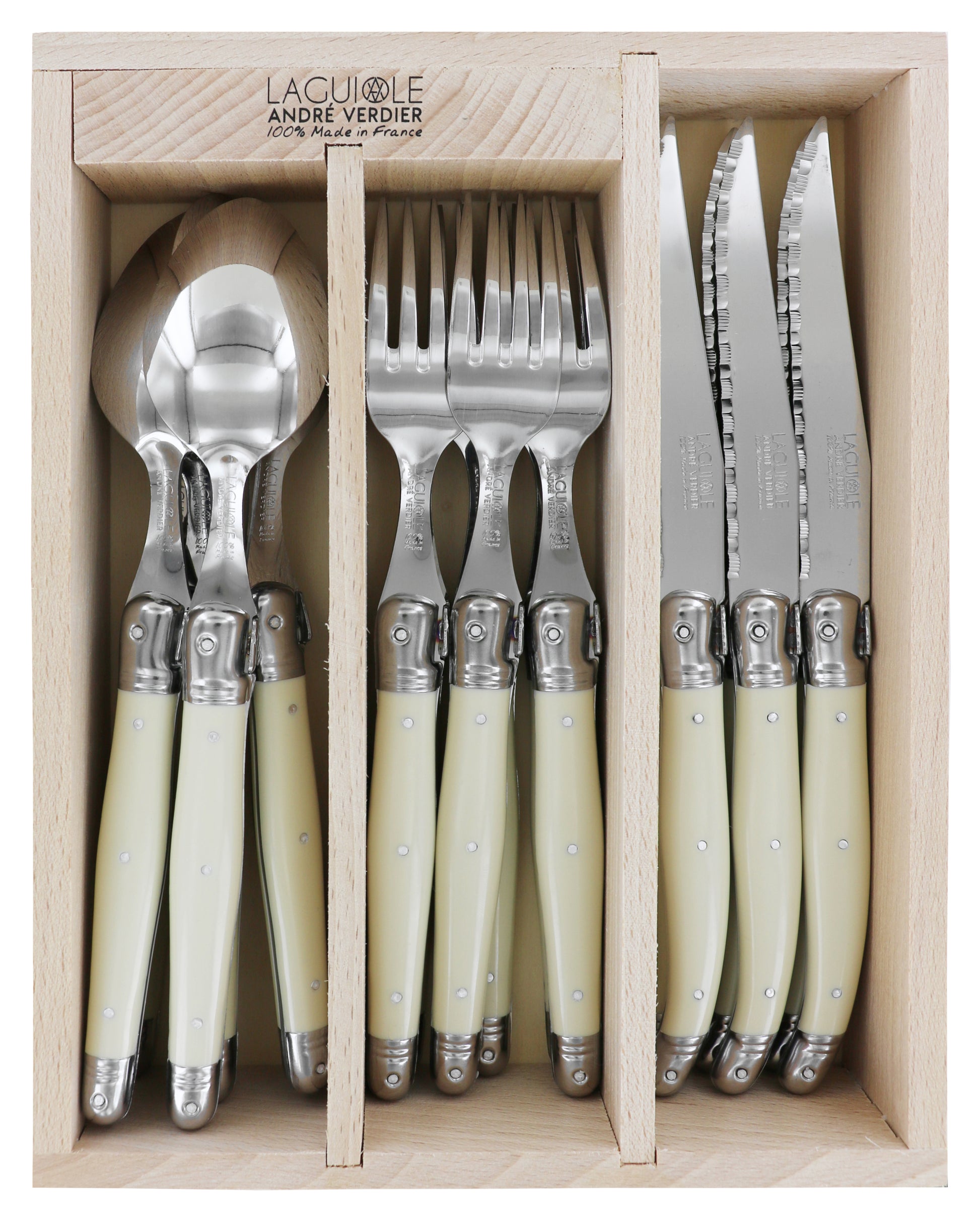 Andre Verdier Laguiole DEBUTANT OMNICOLOUR  Ivory Cutlery Set 18 Piece in Tray 23548 - Hospitality Connect