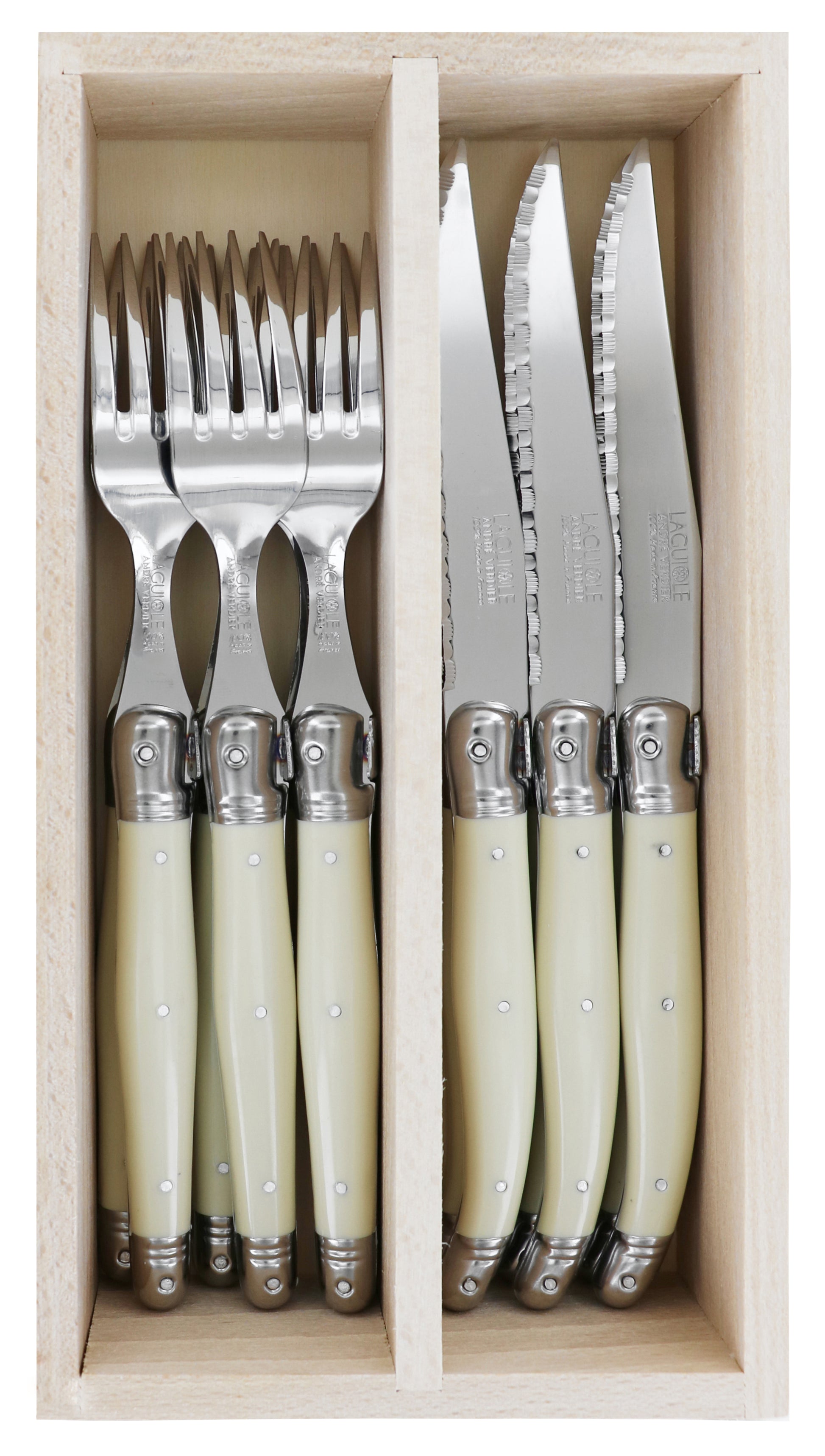 Andre Verdier Laguiole DEBUTANT OMNICOLOUR  Ivory Cutlery Set 12 Piece in Tray 23549 - Hospitality Connect