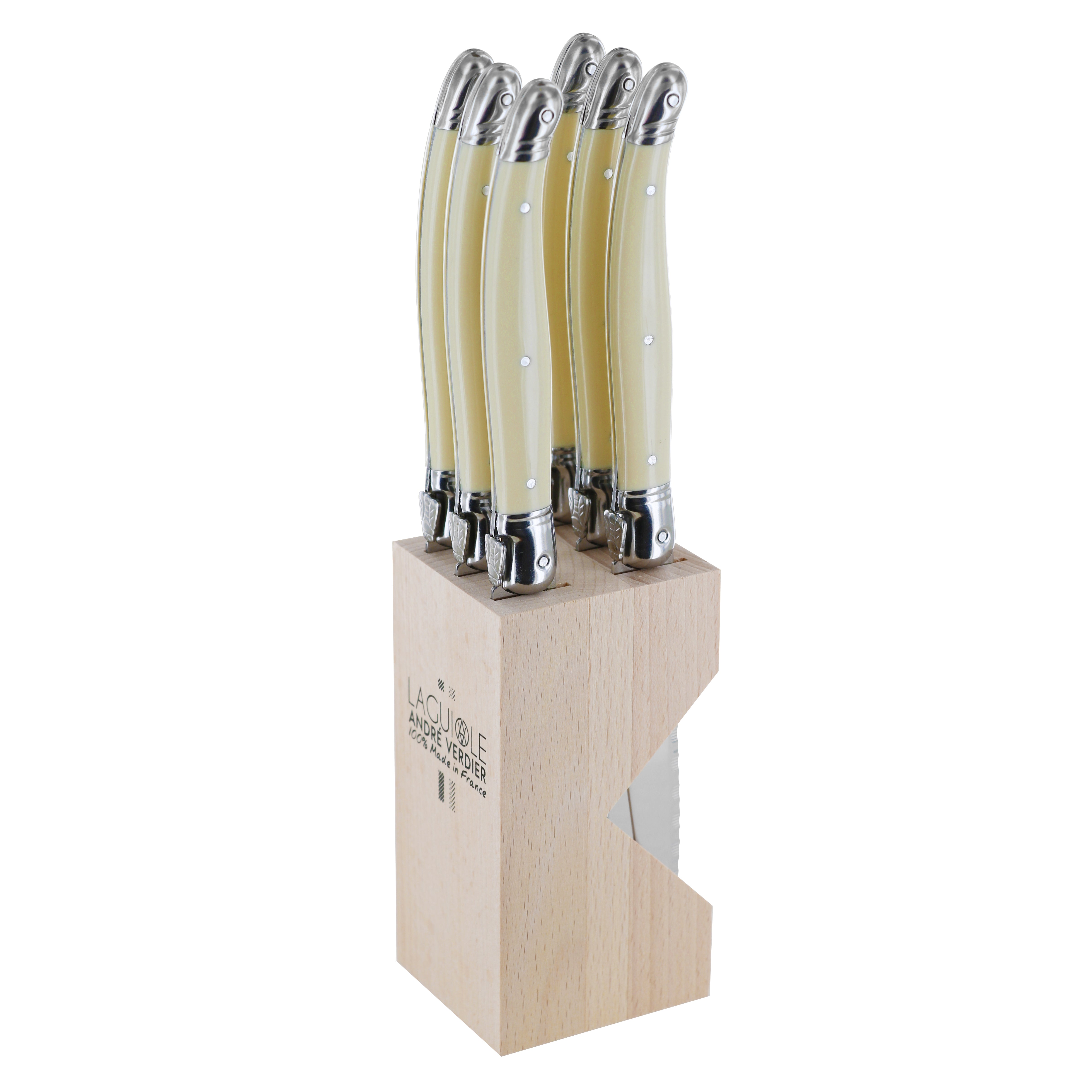 Andre Verdier Laguiole DEBUTANT OMNICOLOUR  Ivory Steak Knife Set 6 Piece in Block 23564 - Hospitality Connect