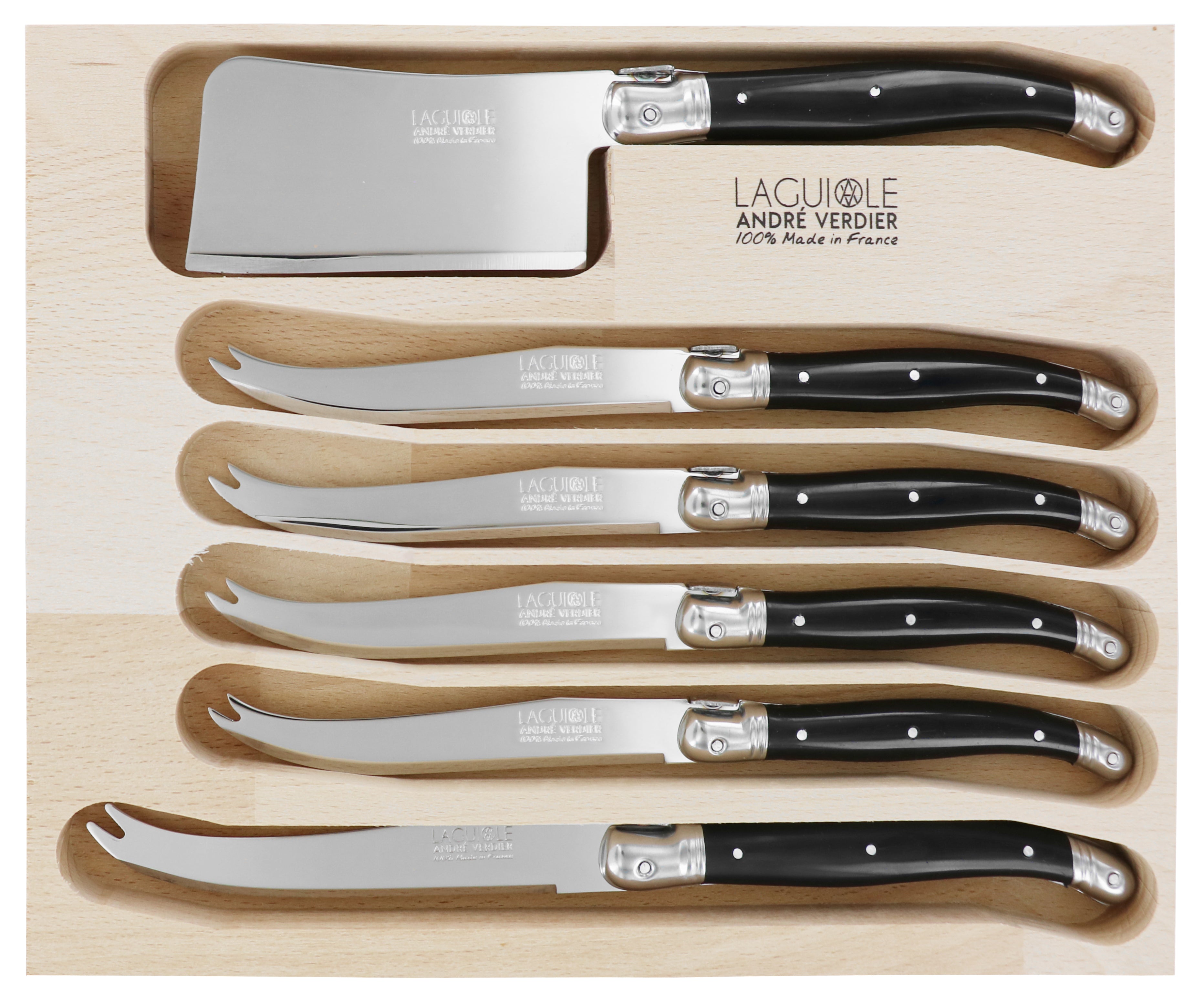 Andre Verdier Laguiole DEBUTANT OMNICOLOUR Black Cheese Knife Set 6 Piece 23567