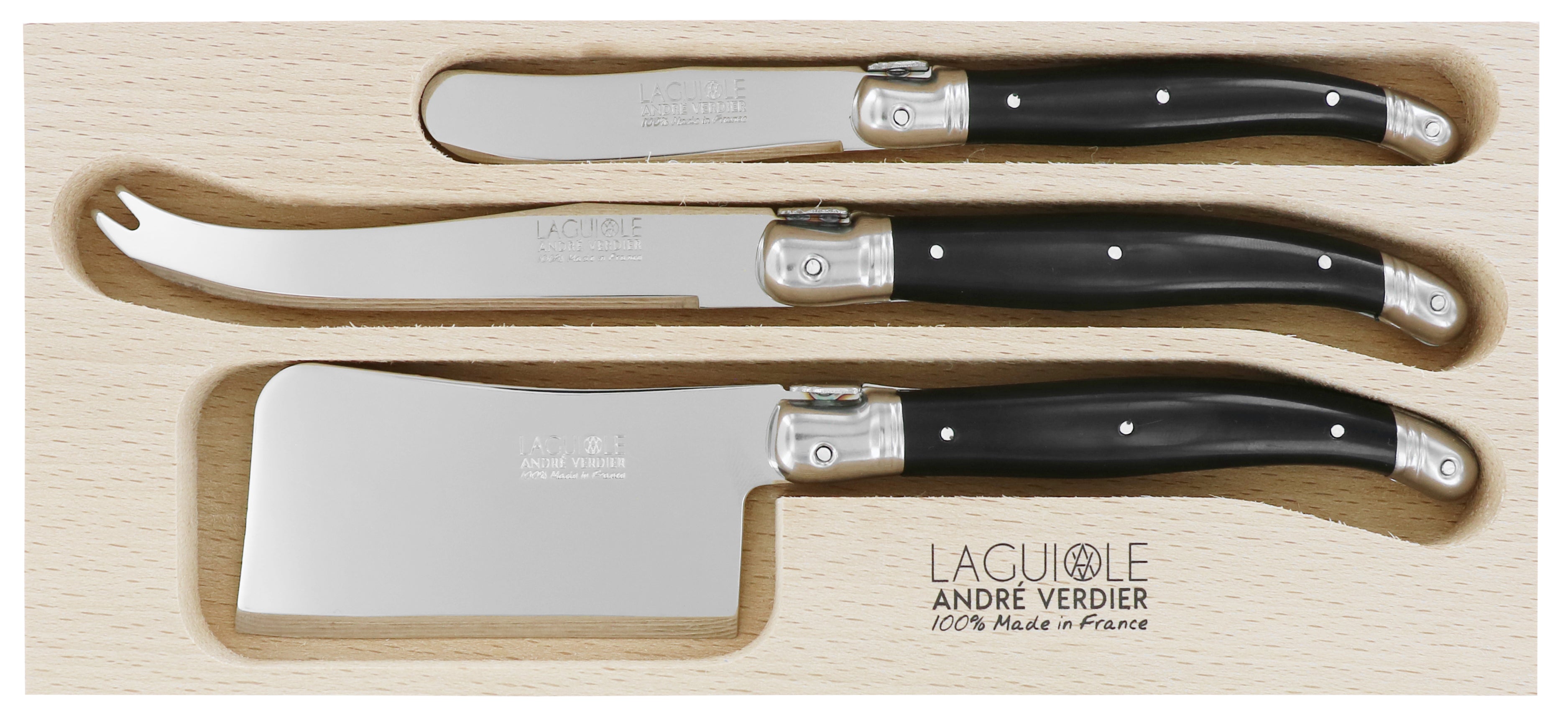 Andre Verdier Laguiole DEBUTANT OMNICOLOUR Black Cheese Knife Set 3 Piece 23569