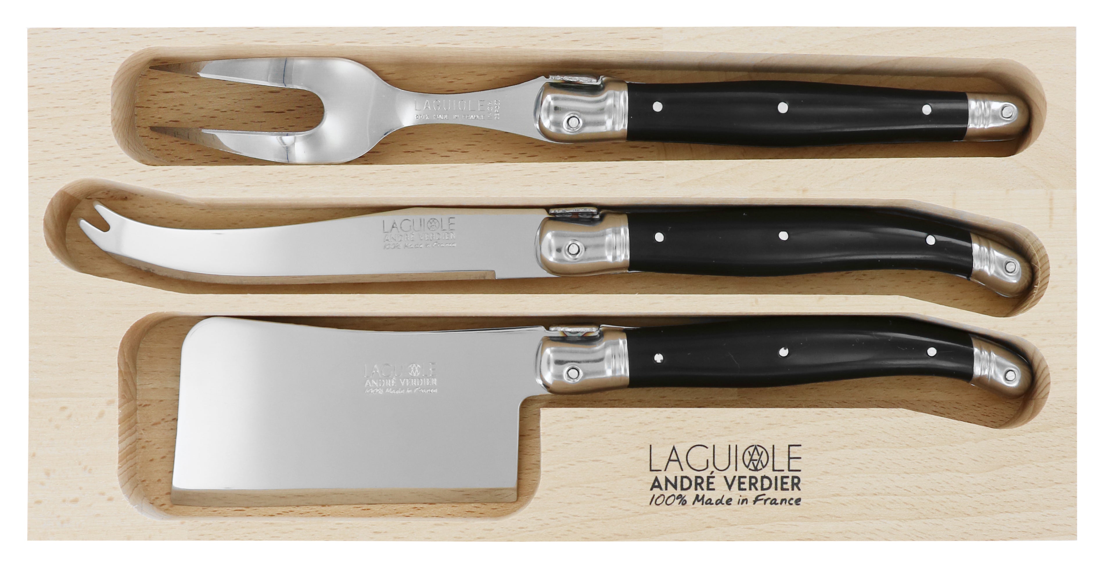 Andre Verdier Laguiole DEBUTANT OMNICOLOUR Black Cheese Knife Set 3 Piece 23570