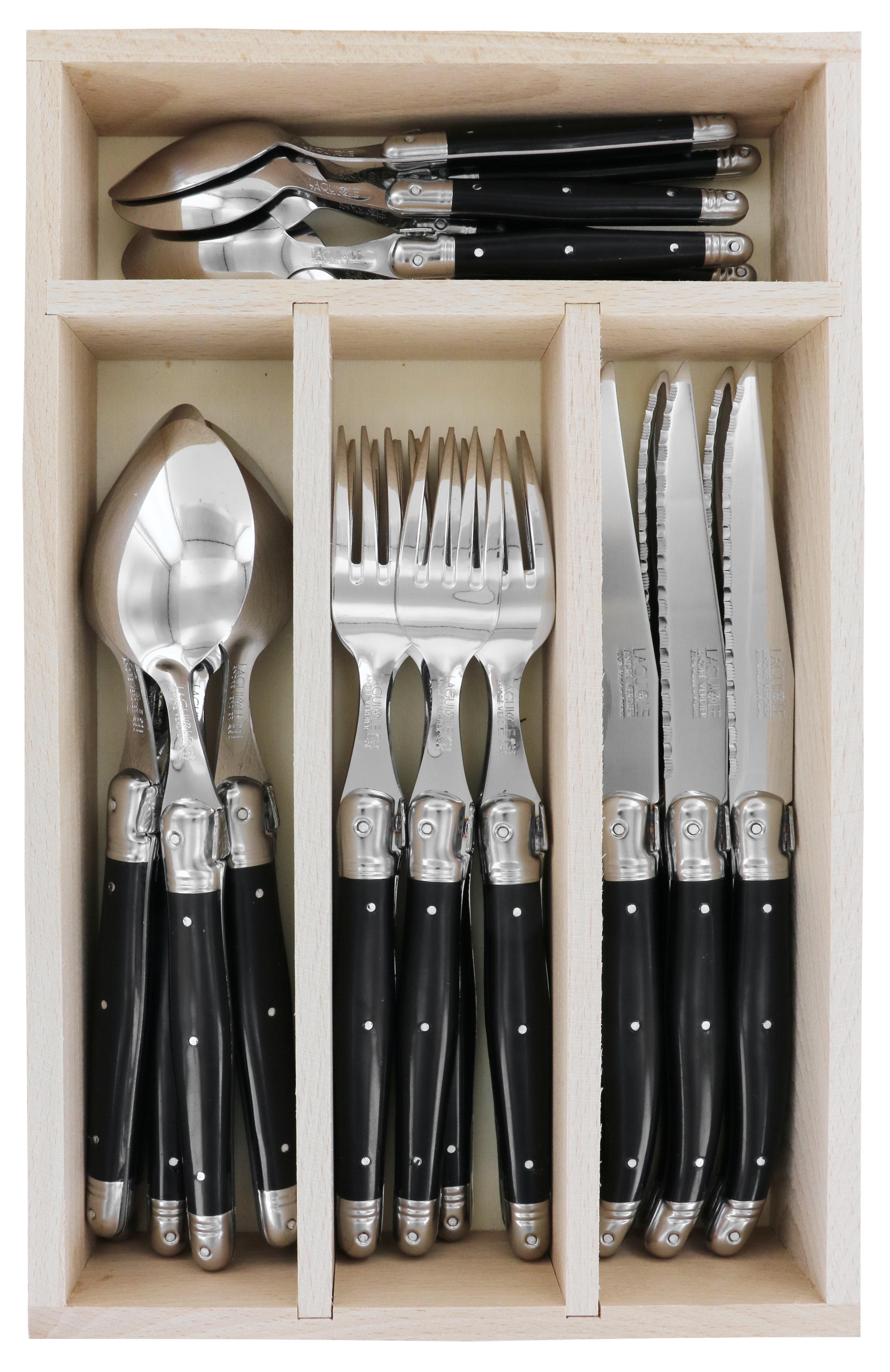 Andre Verdier Laguiole DEBUTANT OMNICOLOUR Black Cutlery Set 24 Piece in Tray 23581