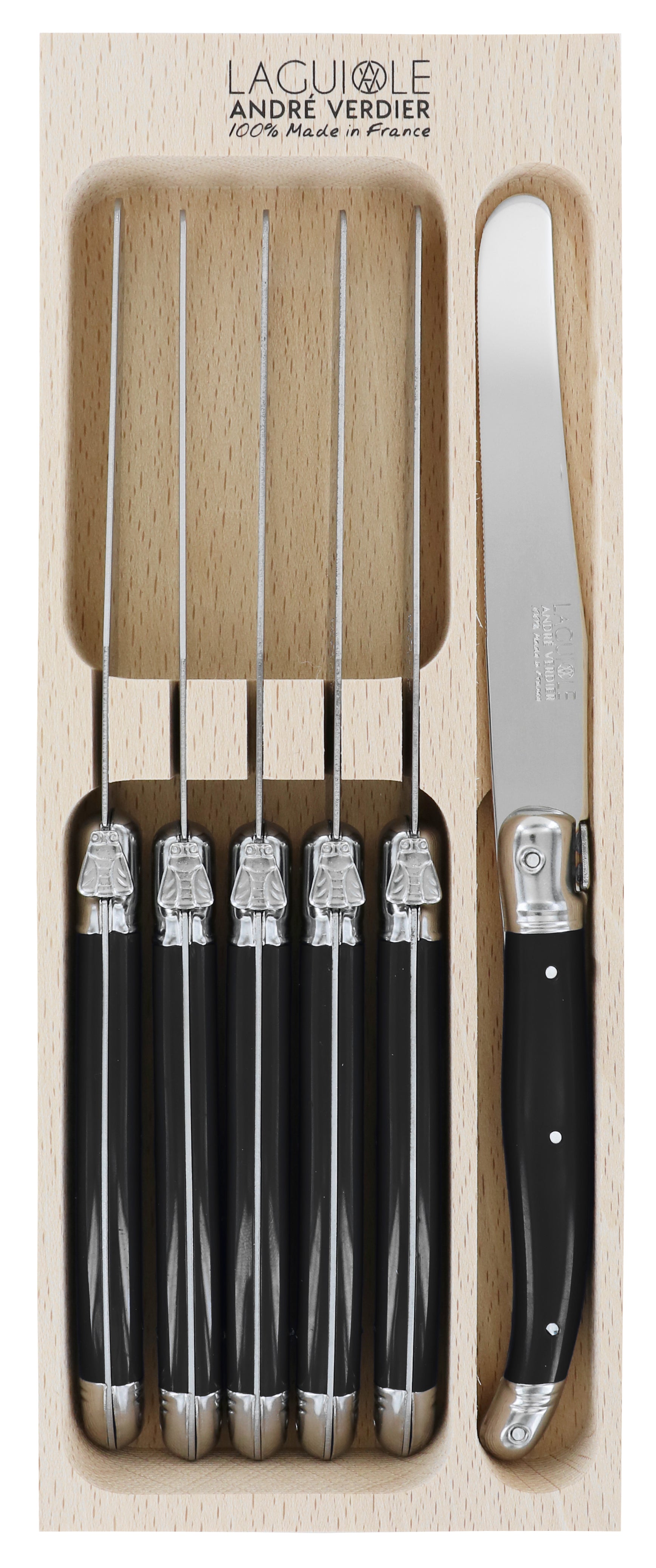 Andre Verdier Laguiole DEBUTANT OMNICOLOUR Black Dinner Knife Set 6 Piece 23585