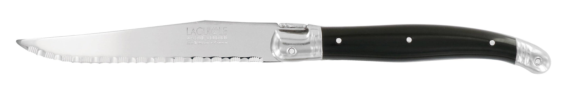 Andre Verdier Laguiole Debutant Omnicoleur black steak knife with a sleek stainless steel blade and ergonomic handle.