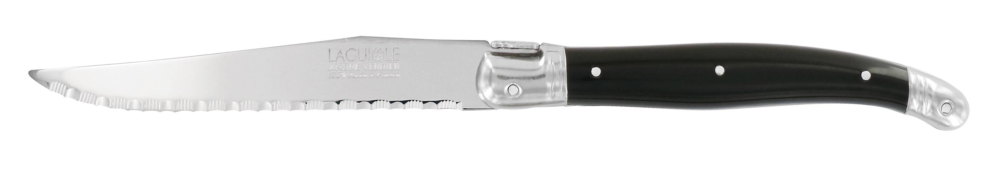 Andre Verdier Laguiole Debutant Omnicoleur black steak knife with a sleek stainless steel blade and ergonomic handle.