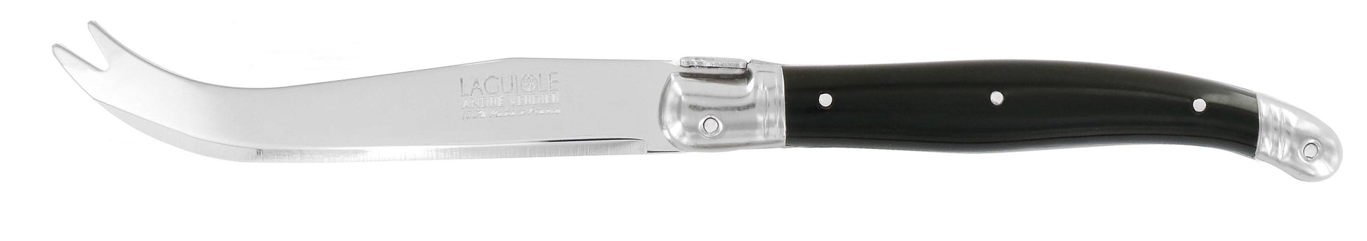 Andre Verdier Laguiole Debutant Omnicolour black cheese knife with a sleek handle and sharp blade for cheese slicing.