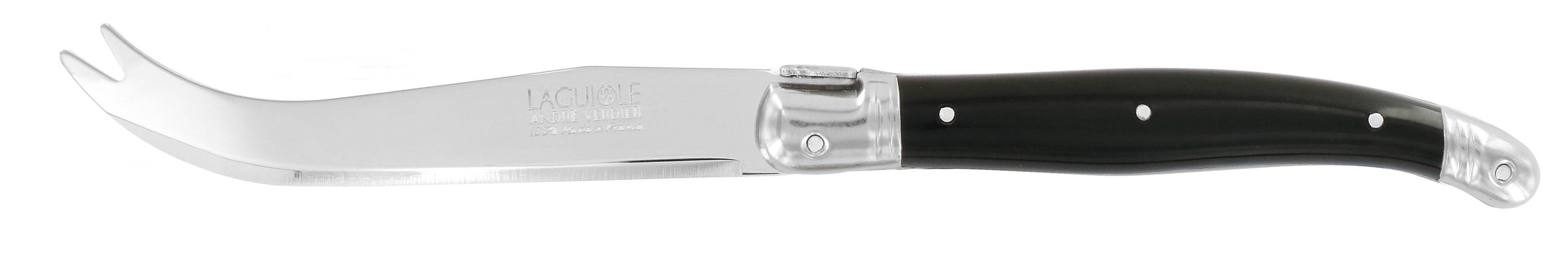 Andre Verdier Laguiole Debutant Omnicolour black cheese knife with a sleek handle and sharp blade for cheese slicing.