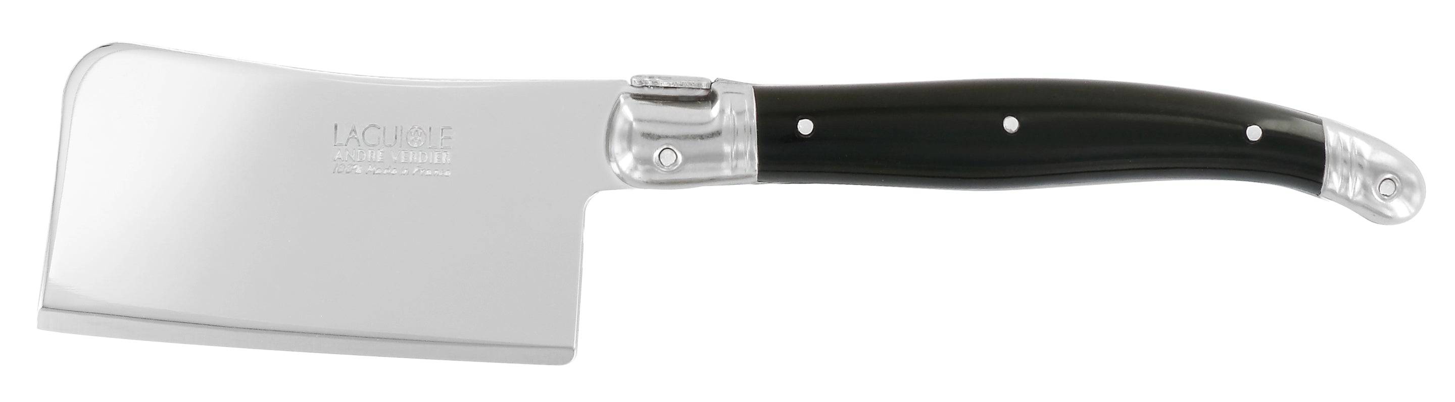 Andre Verdier Laguiole Debutant Omnicoleur black cheese cleaver with wooden handle and sharp blade, designed for cheese cutting.