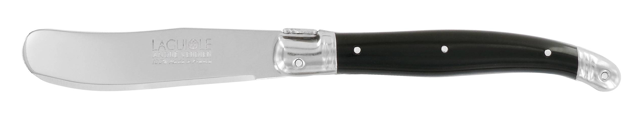 Andre Verdier Laguiole Debutant black butter spreader knife with a sleek design, ideal for spreading and serving in the kitchen.