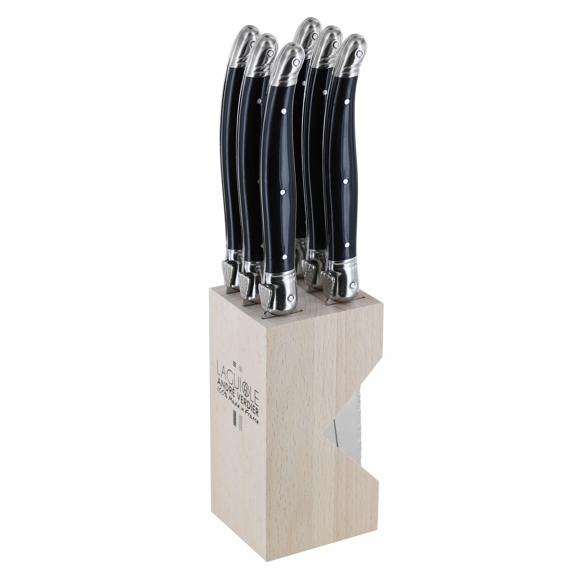 Set of six Andre Verdier Laguiole Debutant Omnicoleur black steak knives in a wooden block, featuring sleek handles and sharp blades.