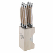 Set of six Andre Verdier Laguiole Debutant Omnicoeur steak knives with wooden block for precise slicing and elegant presentation.