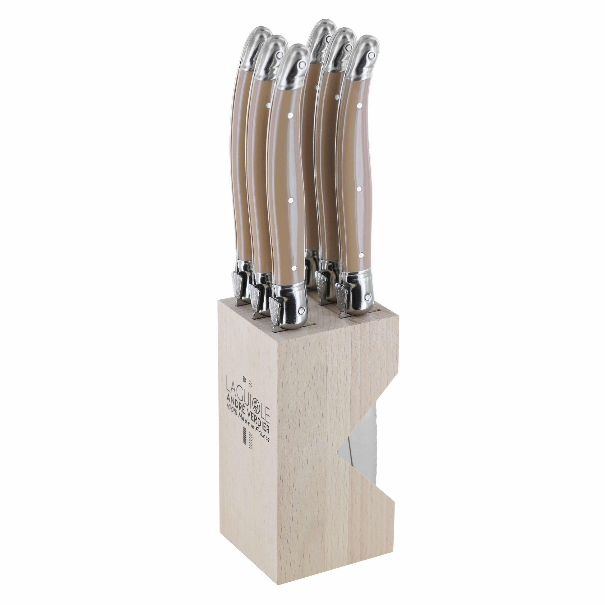 Set of six Andre Verdier Laguiole Debutant Omnicoeur steak knives with wooden block for precise slicing and elegant presentation.