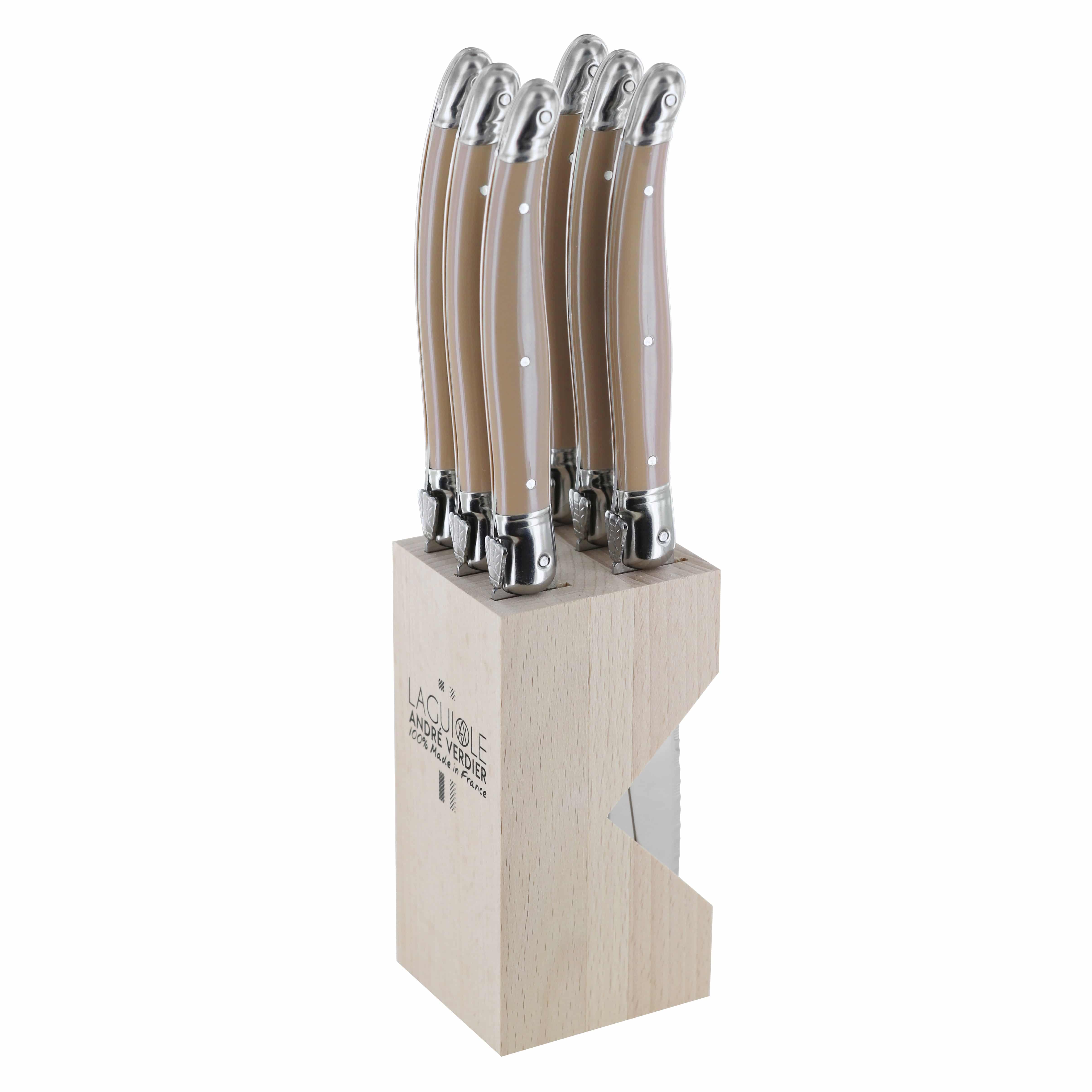 Set of six Andre Verdier Laguiole Debutant Omnicoeur steak knives with wooden block for precise slicing and elegant presentation.